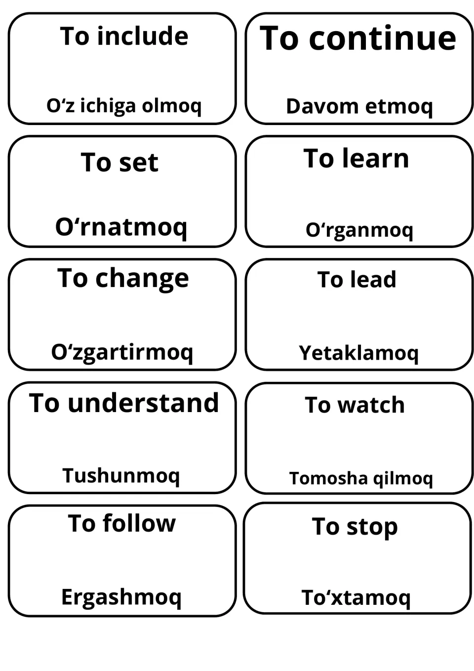 Verb translation cards for to include, to learn, to change, to understand and to stop, e.g. Tushunmoq and To‘xtamoq