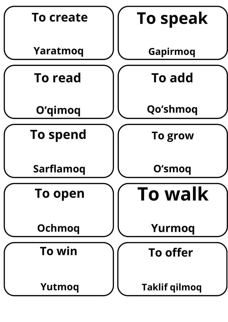 Uzbek translations of to create, to speak, to read, to open and to win on 10 cards, such as Yaratmoq, Gapirmoq, Ochmoq