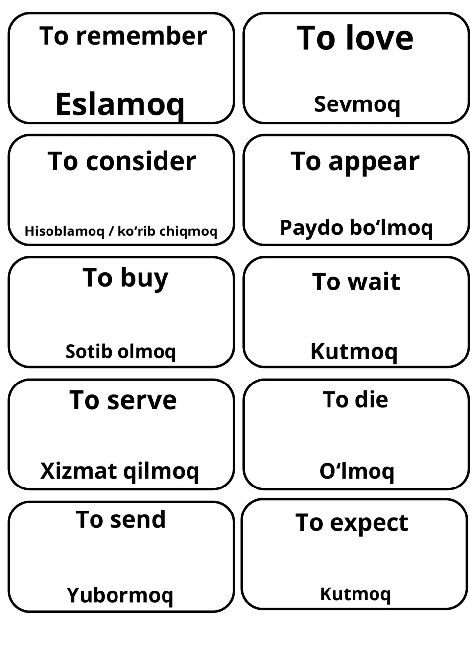 Flashcards matching to remember, to love, to buy, to wait and to send to Uzbek terms like Eslamoq, Sevmoq and Kutmoq