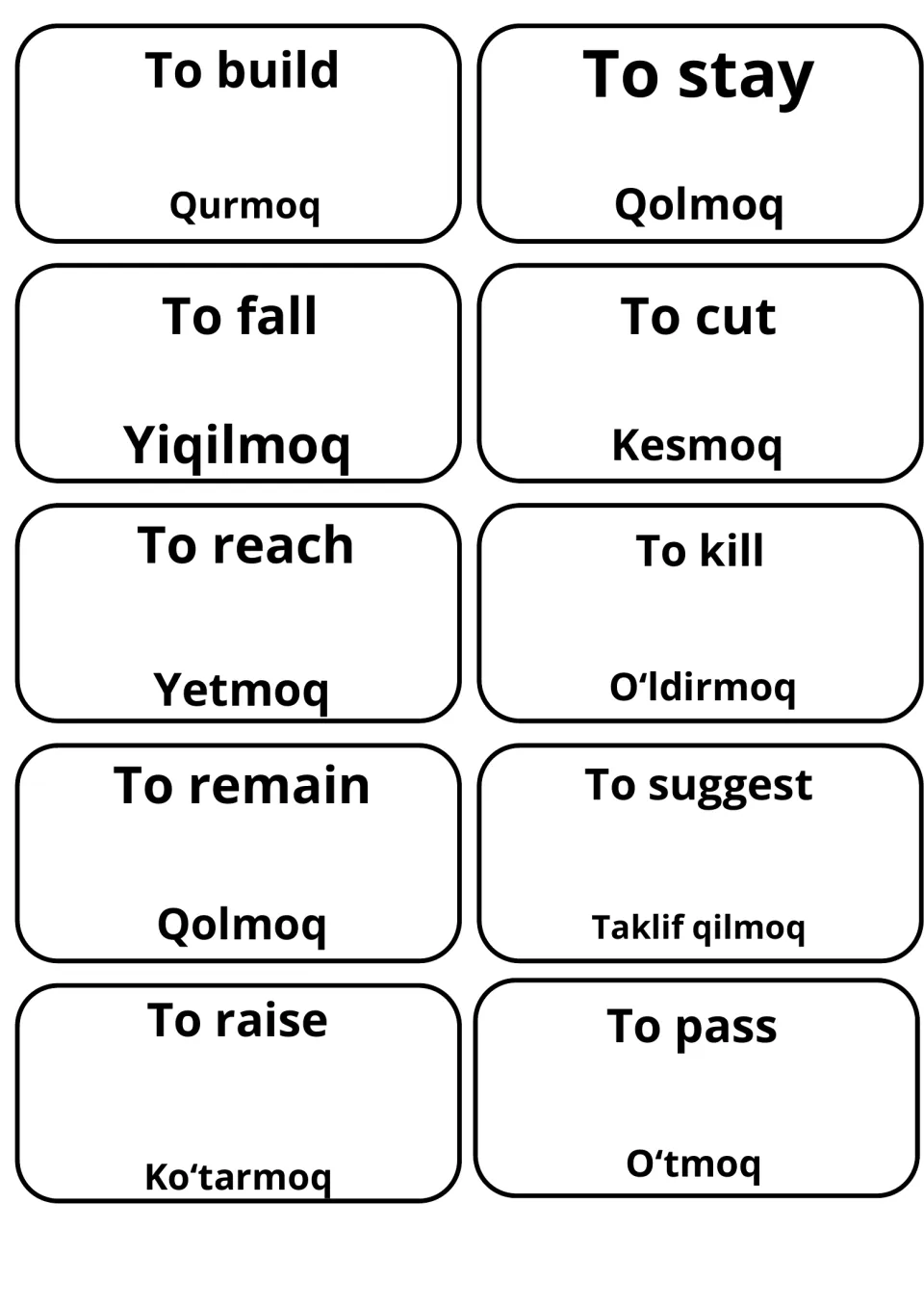 Ten verb cards: to build, to stay, to fall, to reach and to raise with Uzbek equivalents such as Qurmoq and Yiqilmoq