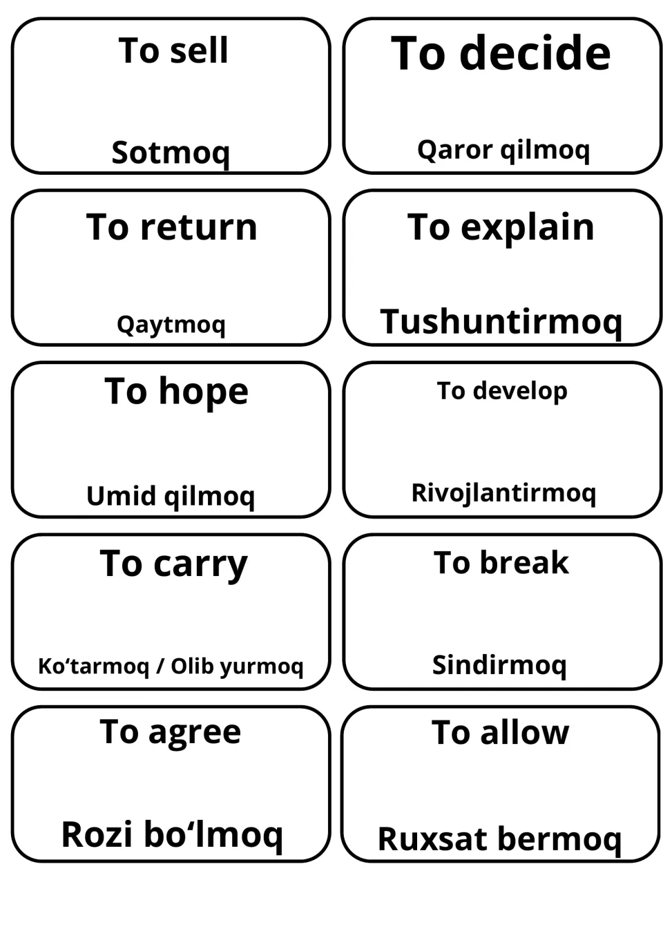 Verb cards: to sell, to decide, to explain, to hope and to agree beside Uzbek words like Sotmoq, Qaror qilmoq
