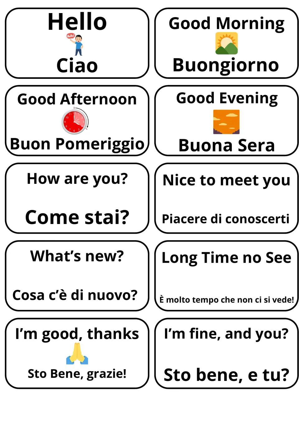 English-Italian flashcards 1–10: Hello, Good Morning, How are you?, Nice to meet you and six more.