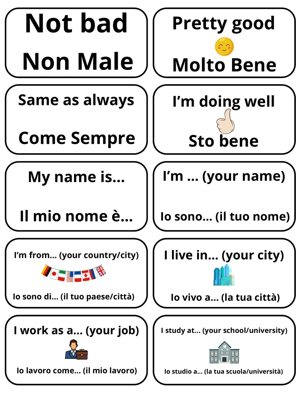 English-Italian flashcards 11–20: Not bad, Pretty good, My name is..., I live in... and six more.