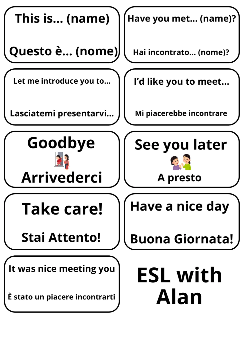 English-Italian flashcards 21–29: This is... (name), Goodbye, Take care!, Have a nice day and five more.