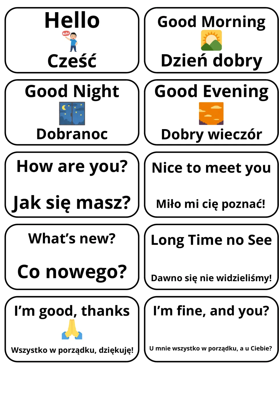 English-Polish flashcards 1–10: Hello, Good Morning, Good Night, and seven more greetings and responses