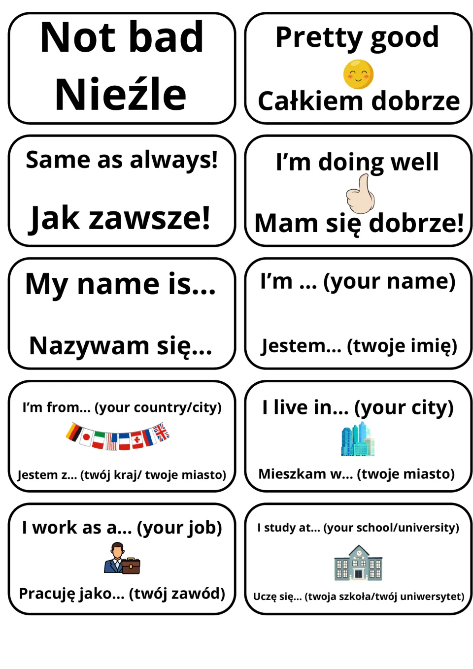 English-Polish flashcards 11–20: Not bad, Pretty good, and phrases for names, hometowns, work, and school