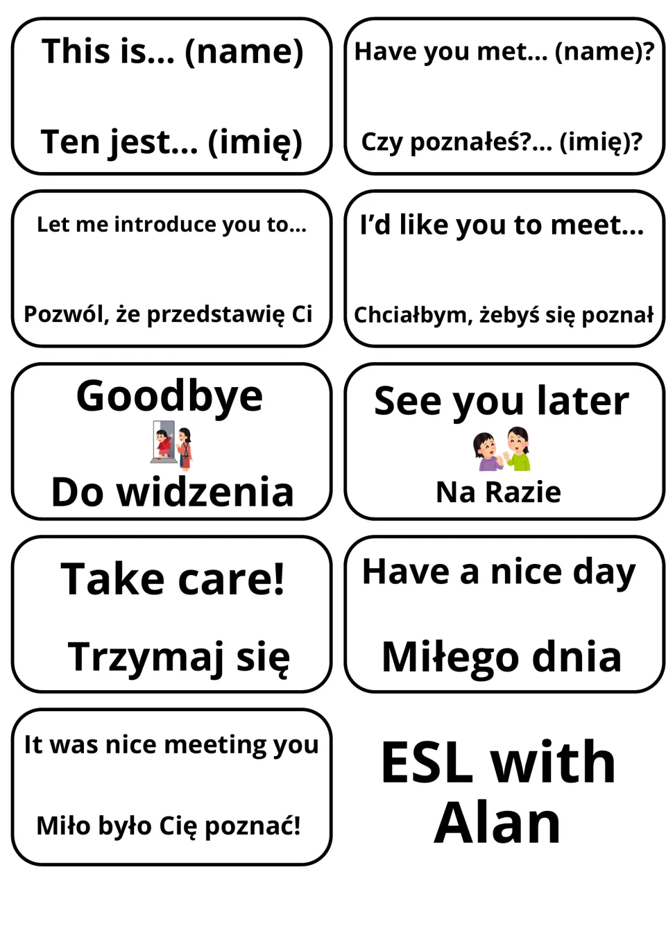 English-Polish flashcards 21–29: introducing others and saying Goodbye, See you later, and Take care!
