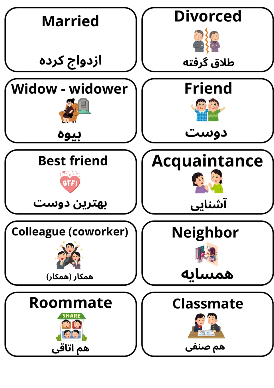 English-Dari flashcards 41–50: married, divorced, widow/widower, friend and six more social relationship terms.
