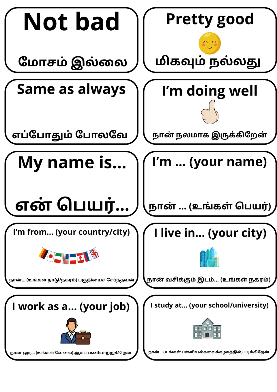 English-Tamil introduction cards: replies such as Not bad, then frames like My name is..., I'm from..., I work as a...