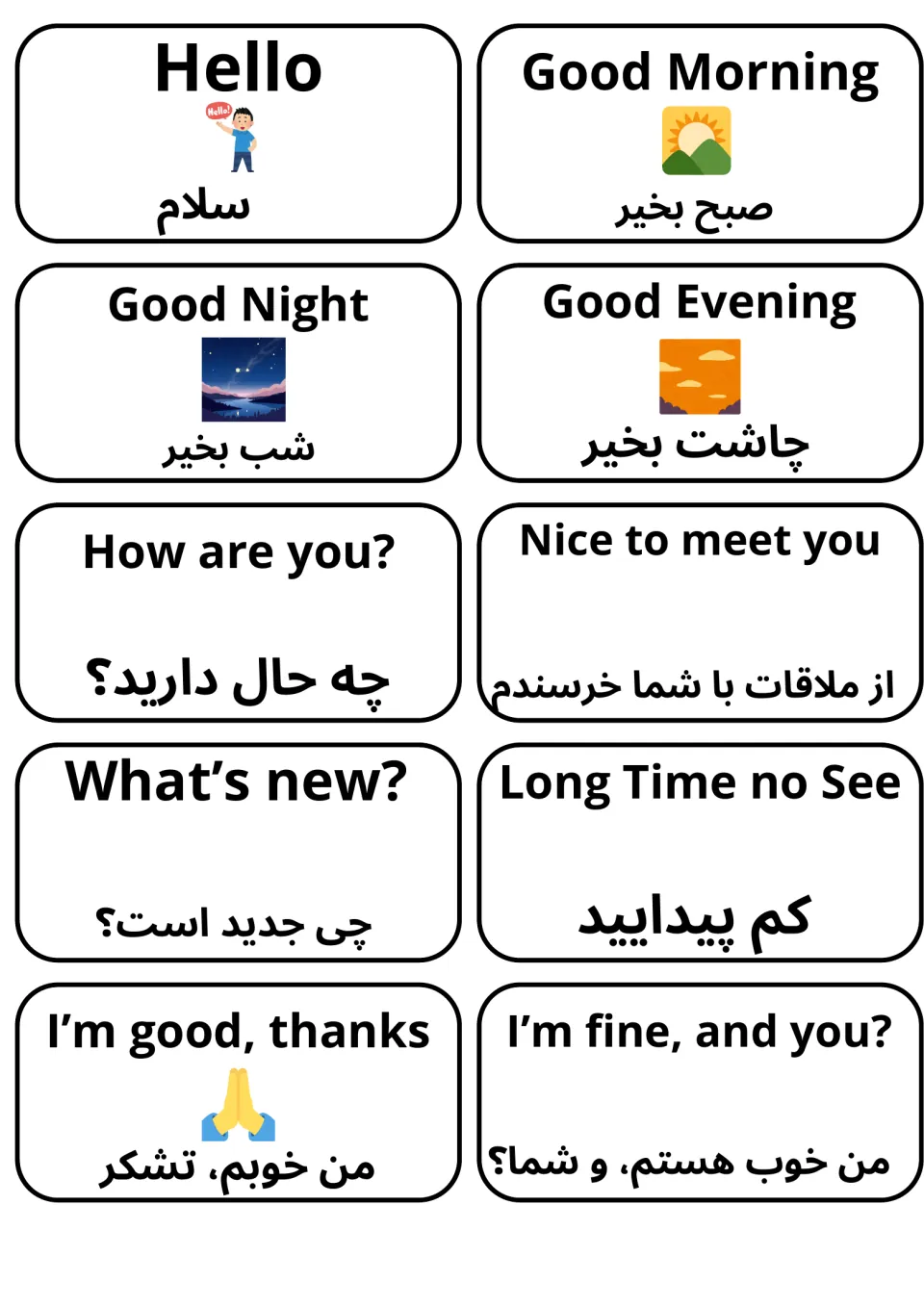 Greetings in English and Dari: 10 flashcards such as Hello, Good Morning and How are you? for practising basic greetings