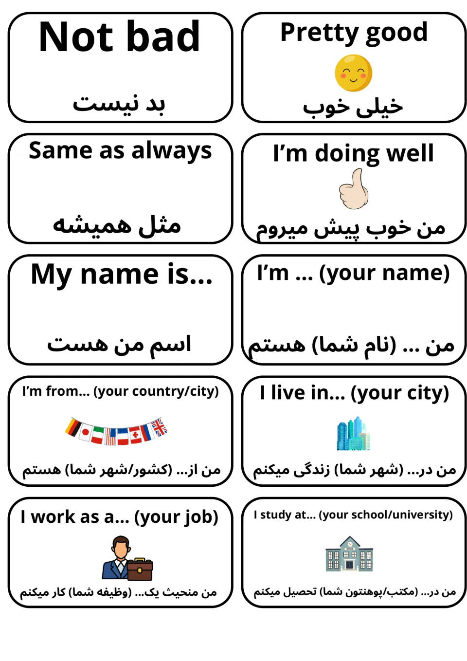 Self-introductions in English and Dari: 10 cards from Not bad to frames like My name is... and I live in...