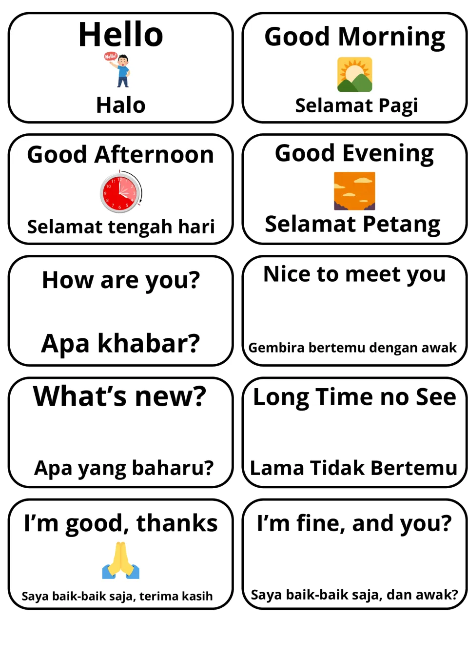 English-Malay greeting flashcards: 10 cards pair phrases like Hello/Halo and How are you?/Apa khabar? to practise greetings