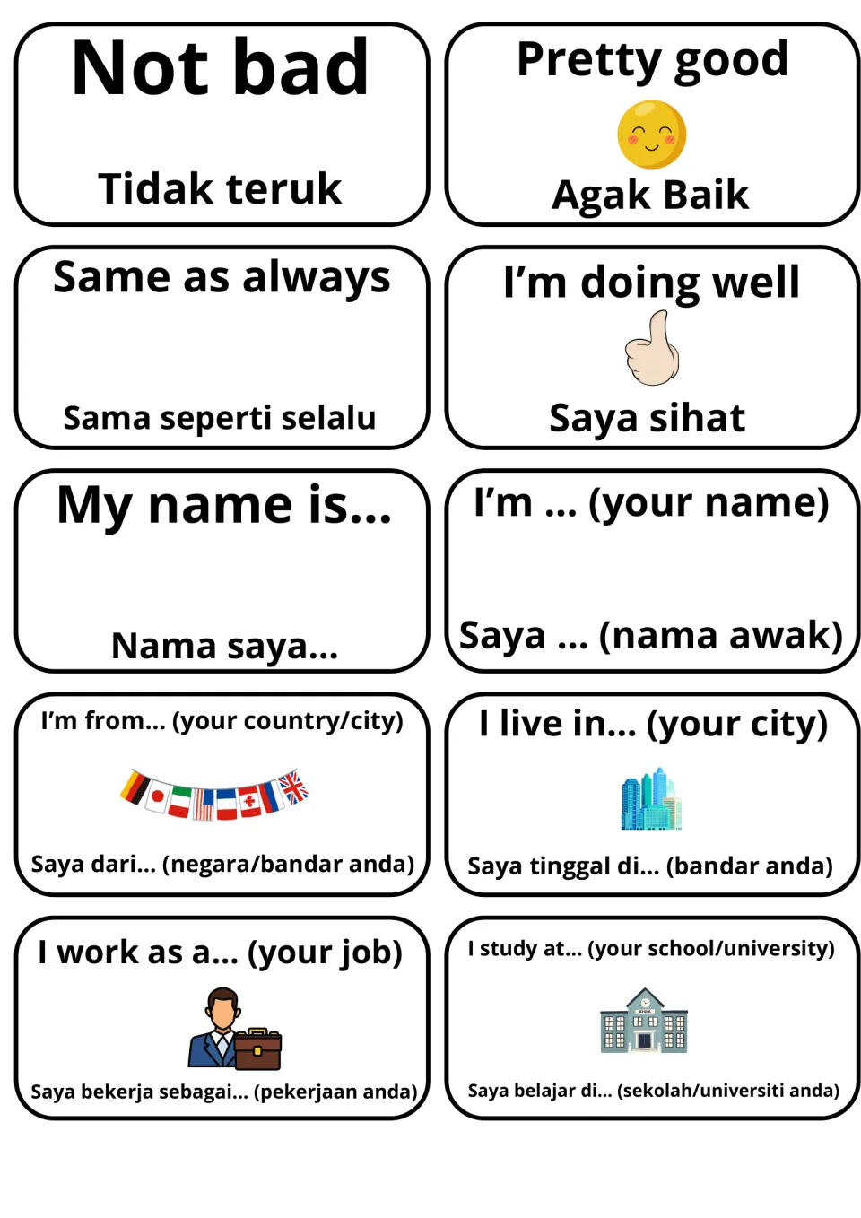 Malay self-introduction flashcards: 10 cards such as My name is.../Nama saya... and I live in... for talking about yourself