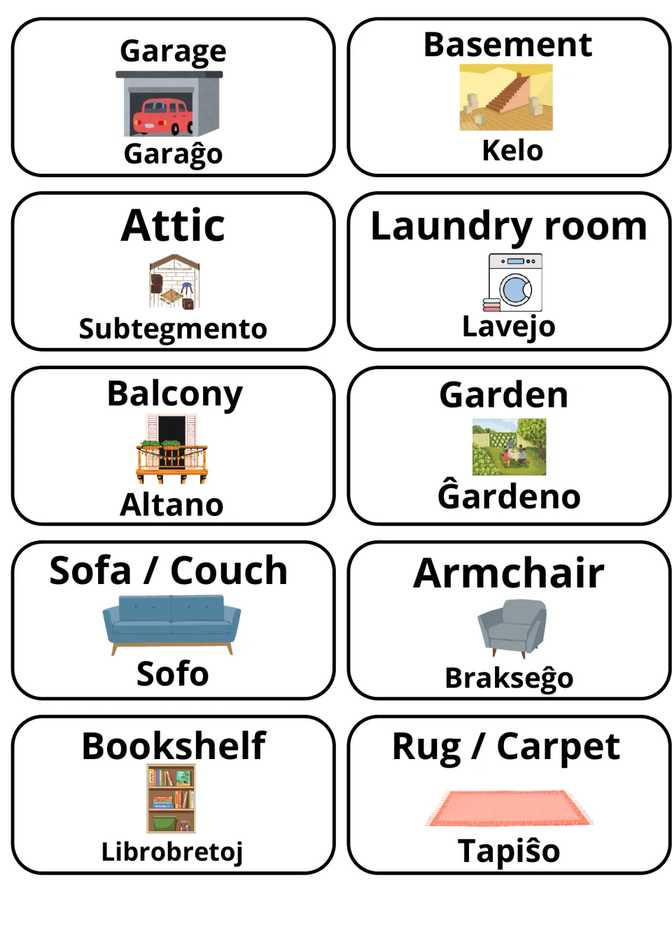 English–Esperanto flashcards 11–20: Garaĝo (garage), Kelo (basement), Sofo (sofa) and seven more