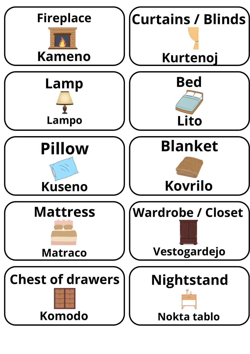 English–Esperanto flashcards 21–30: Kameno (fireplace), Lampo (lamp), Lito (bed) and seven more