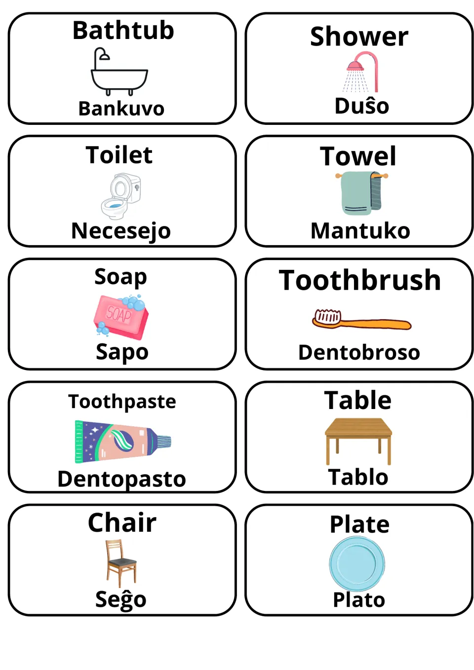 English–Esperanto flashcards 41–50: Duŝo (shower), Sapo (soap), Tablo (table) and seven more