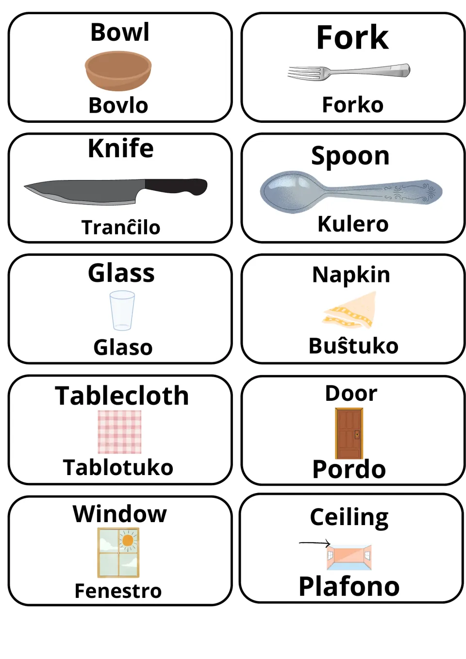 English–Esperanto flashcards 51–60: Bovlo (bowl), Forko (fork), Pordo (door) and seven more