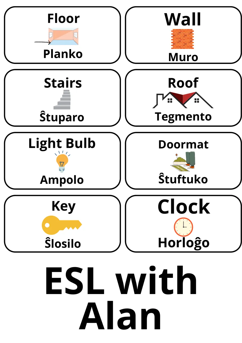 English–Esperanto flashcards 61–68: Planko (floor), Muro (wall), Ŝlosilo (key) and five more