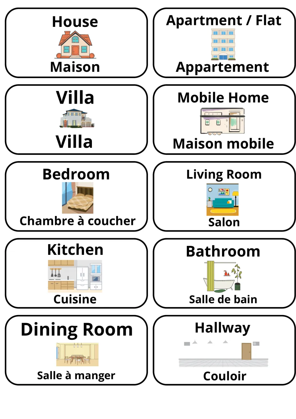 English-French flashcards 1–10: house, apartment, villa, mobile home and six rooms, each with a picture