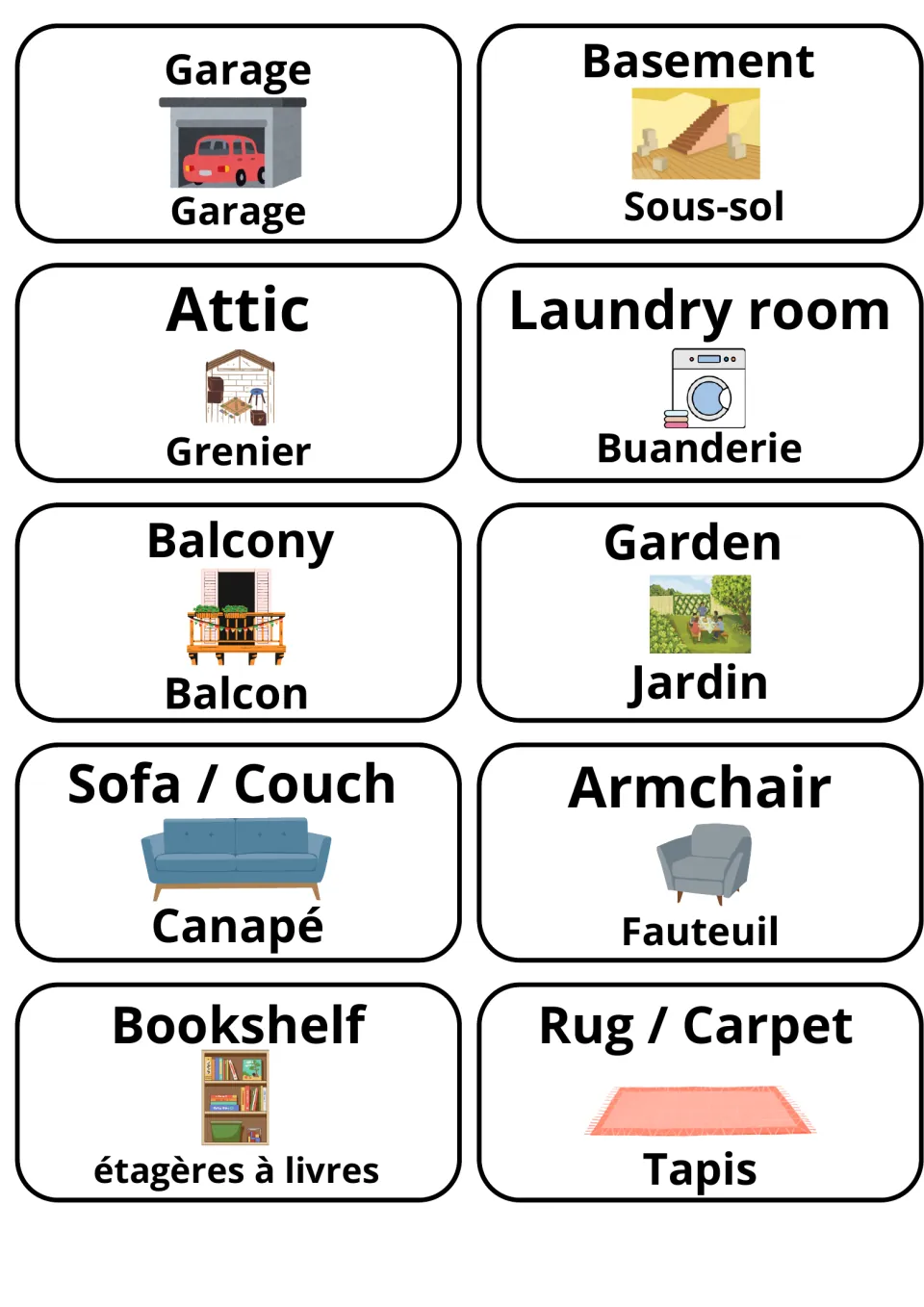 English-French flashcards 11–20: garage, basement, attic, laundry room, balcony and five more pictured terms