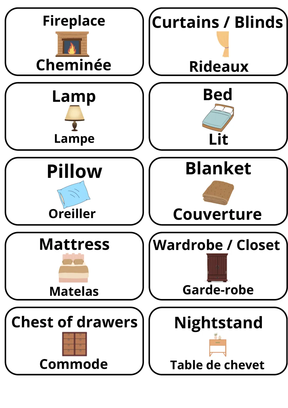 English-French flashcards 21–30: cheminée (fireplace), lampe (lamp), lit (bed) and seven more pictured terms