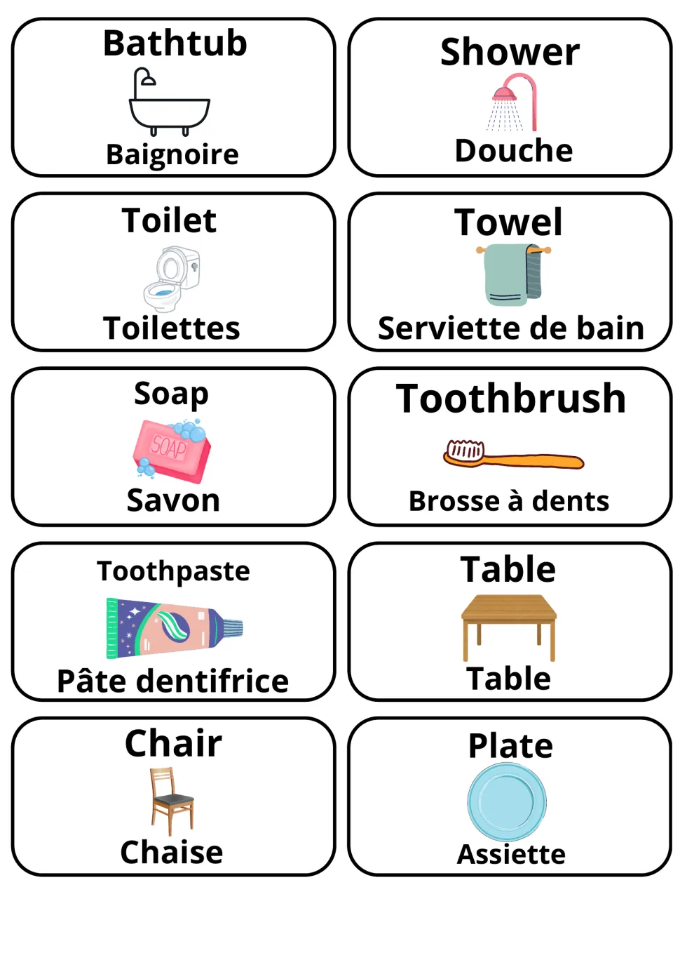 English-French flashcards 41–50: baignoire (bathtub), douche (shower), savon (soap) and seven more pictured terms