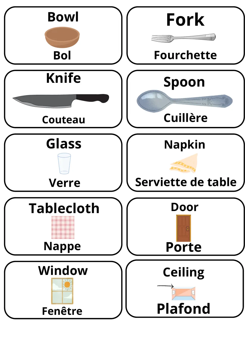 English-French flashcards 51–60: bol (bowl), fourchette (fork), couteau (knife) and seven more pictured terms