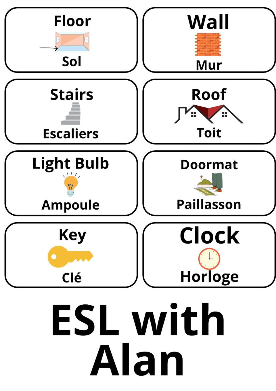 English-French flashcards 61–68: floor, wall, stairs, roof, light bulb, doormat, key and clock, with pictures