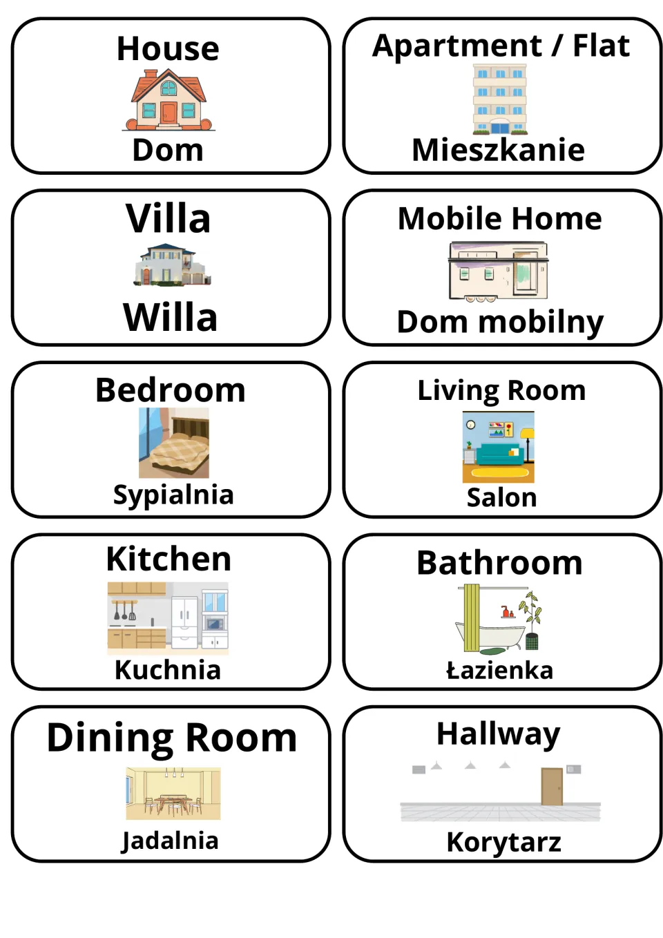 English-Polish flashcards 1–10: dom (house), willa (villa), kuchnia (kitchen) and seven more.