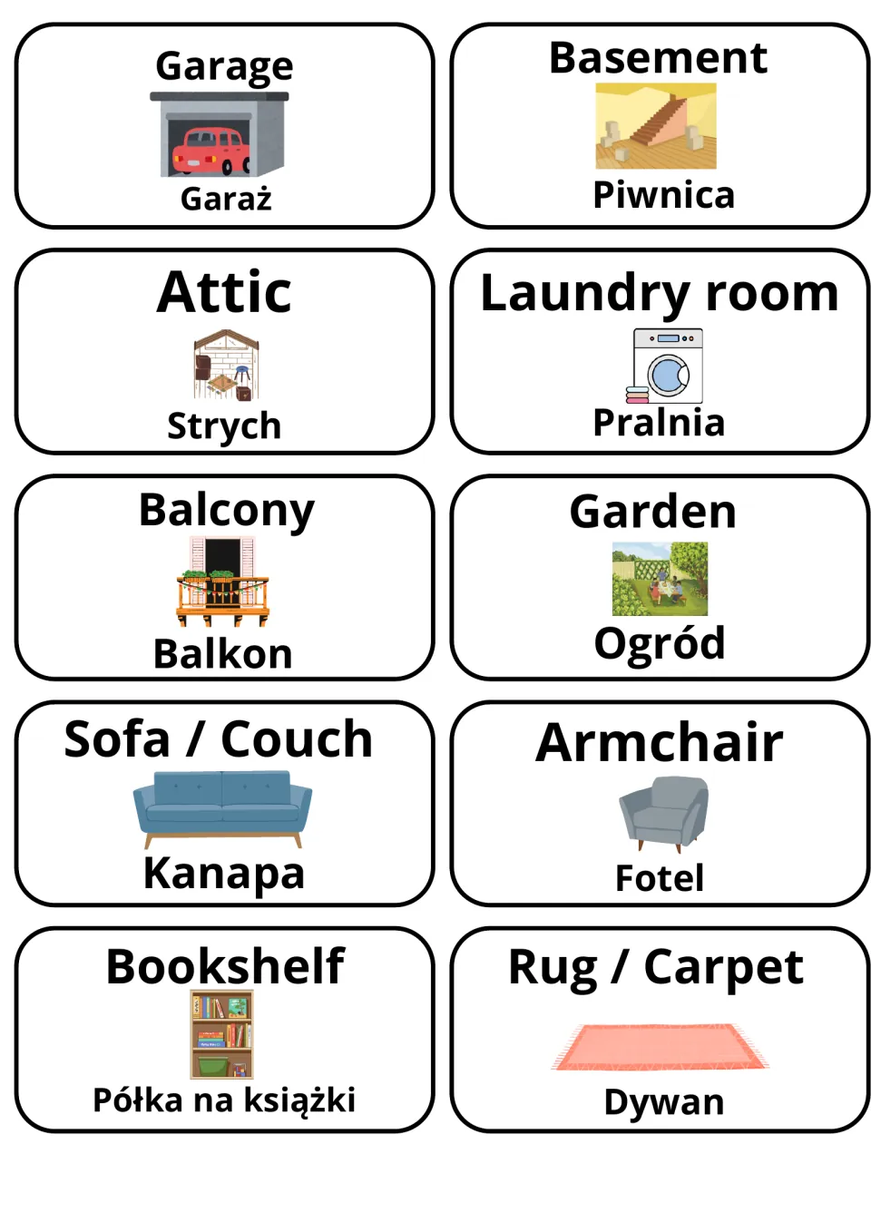 English-Polish flashcards 11–20: garaż (garage), strych (attic), fotel (armchair) and seven more.