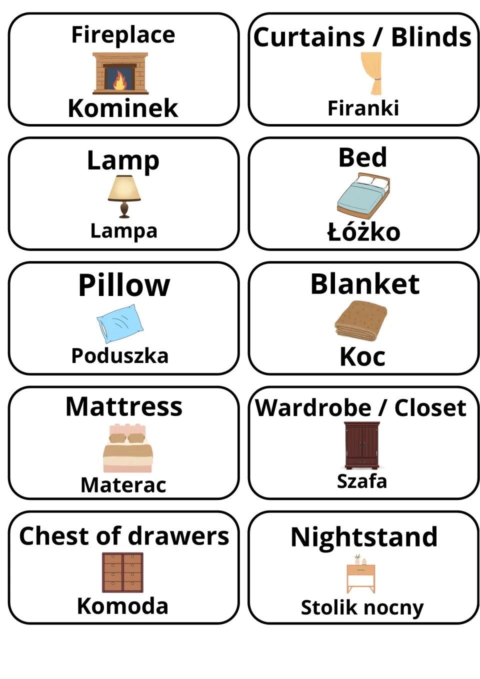 English-Polish flashcards 21–30: kominek (fireplace), łóżko (bed), koc (blanket) and seven more.