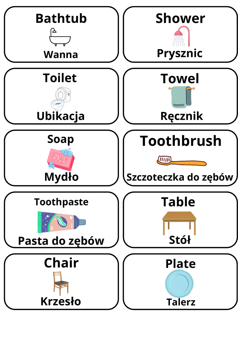 English-Polish flashcards 41–50: wanna (bathtub), mydło (soap), krzesło (chair) and seven more.