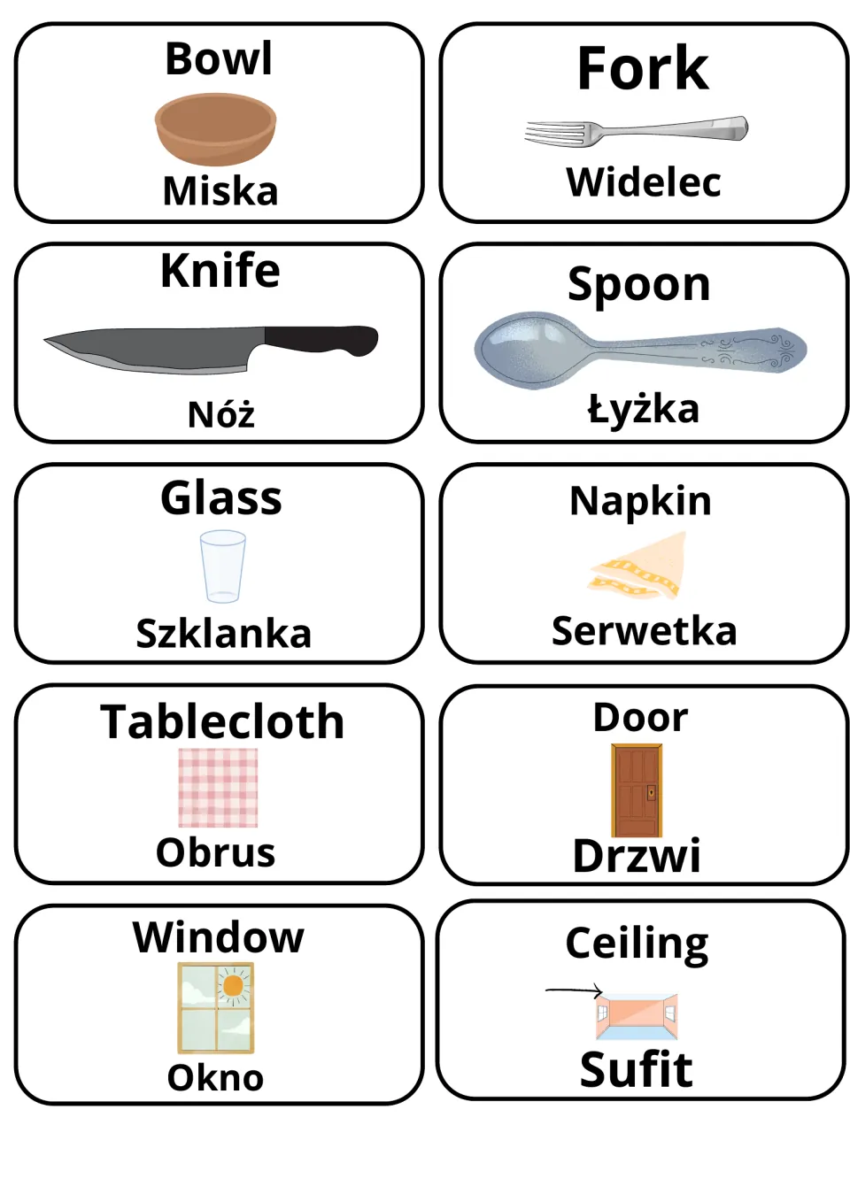English-Polish flashcards 51–60: miska (bowl), widelec (fork), drzwi (door) and seven more.