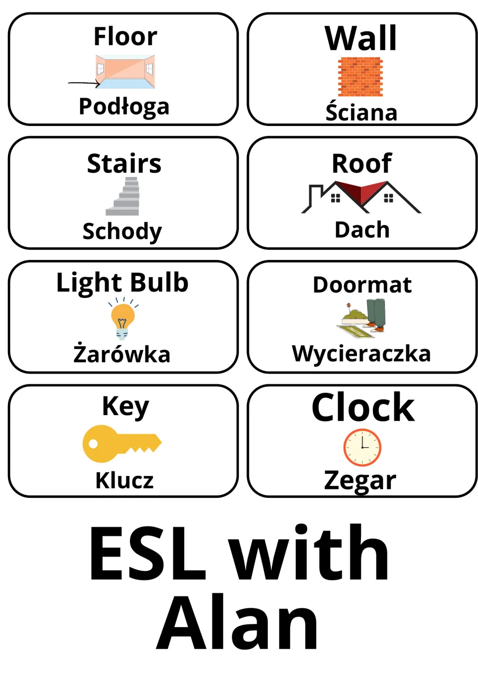 English-Polish flashcards 61–68: podłoga (floor), ściana (wall), schody (stairs), dach (roof) and four more.