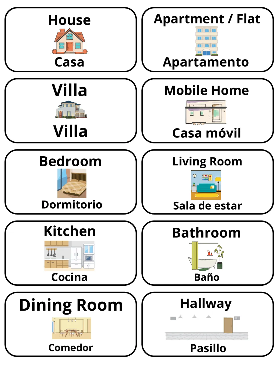 English-Spanish home flashcards 1–10: Casa (house), Dormitorio (bedroom), Cocina (kitchen) and seven more.
