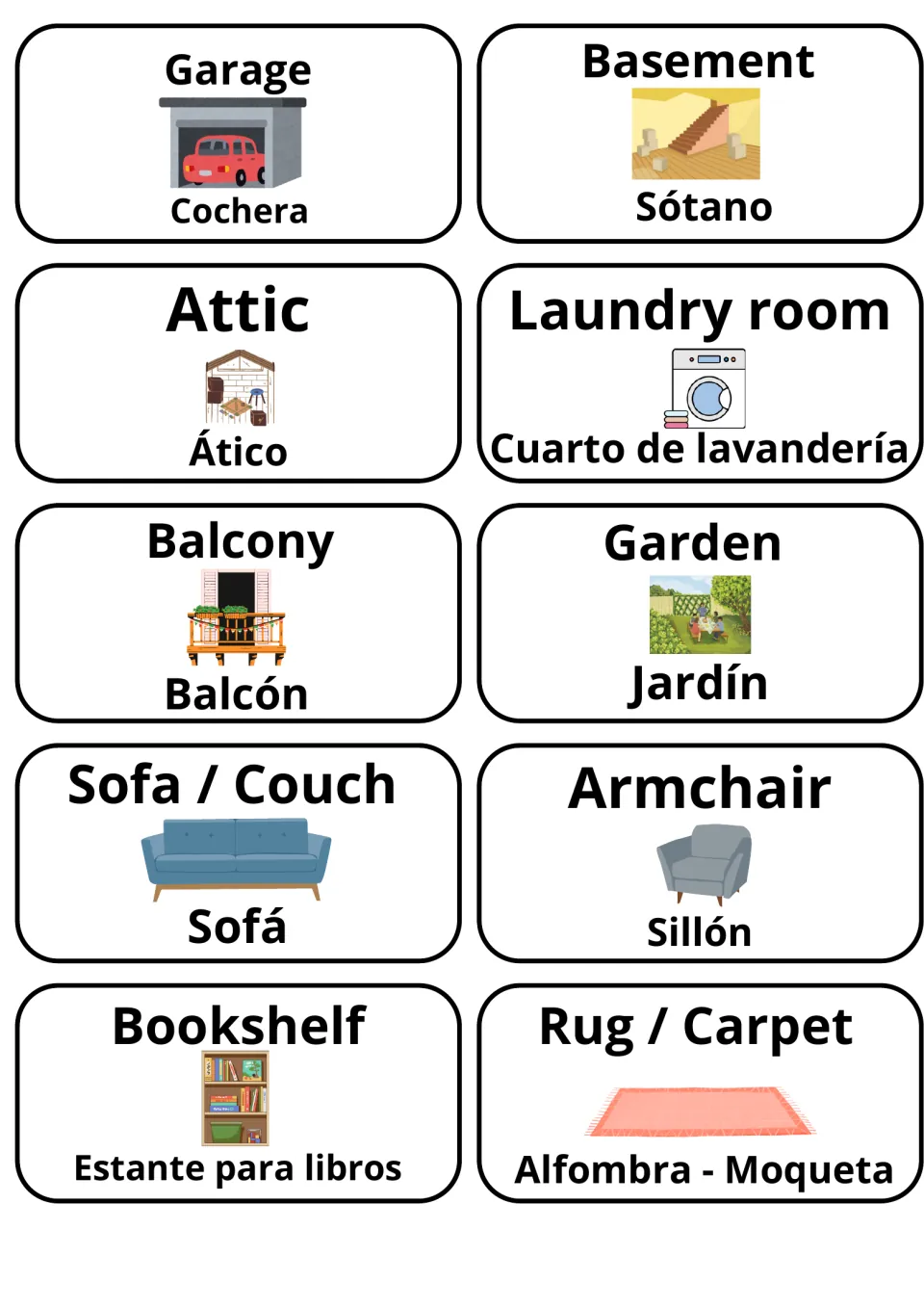 English-Spanish home flashcards 11–20: Sótano (basement), Jardín (garden), Sillón (armchair) and seven more.