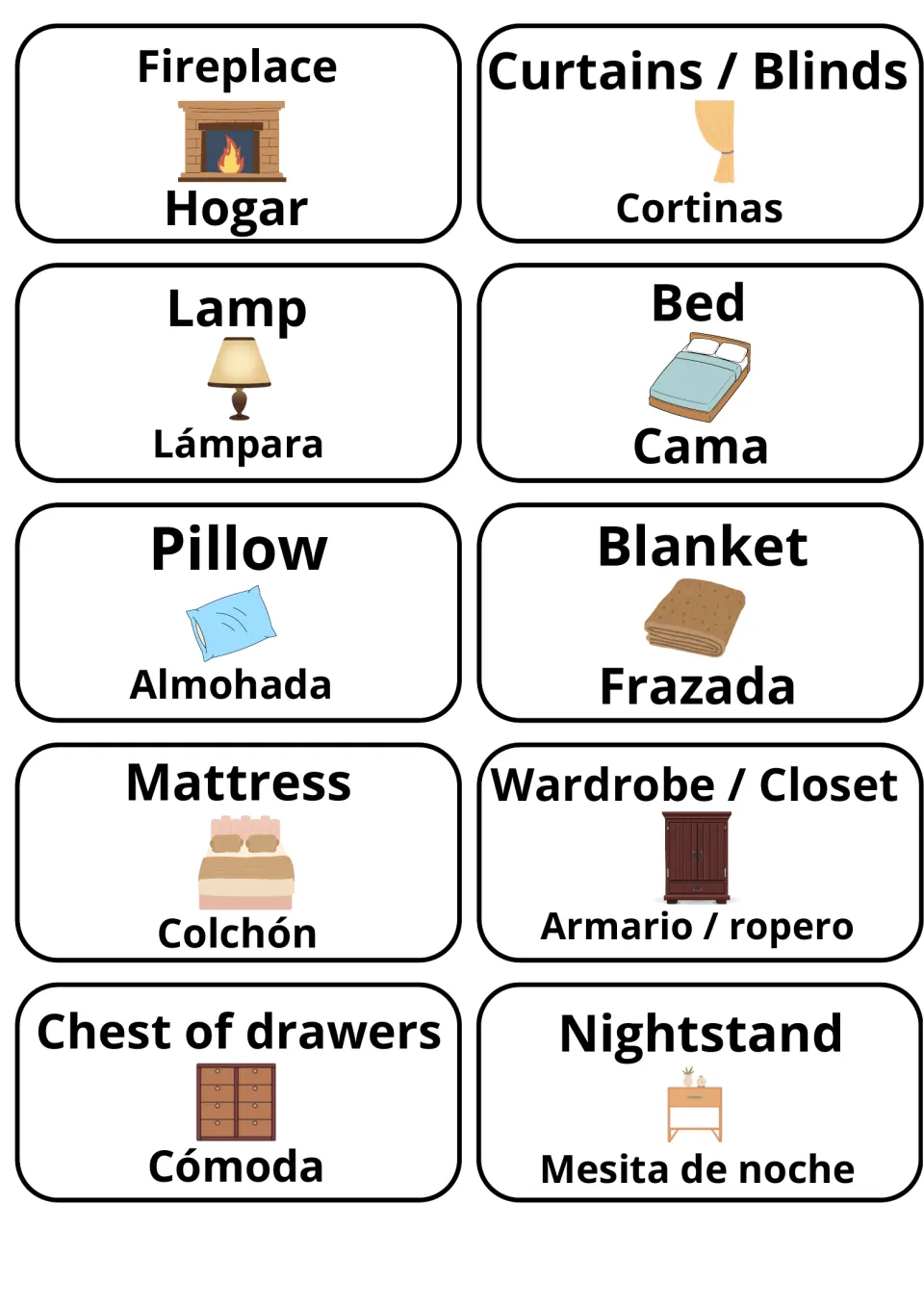 English-Spanish home flashcards 21–30: Lámpara (lamp), Cama (bed), Almohada (pillow) and seven more.