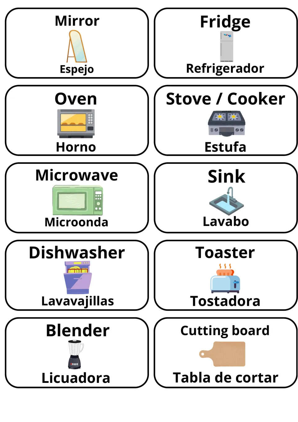 English-Spanish home flashcards 31–40: Espejo (mirror), Horno (oven), Licuadora (blender) and seven more.