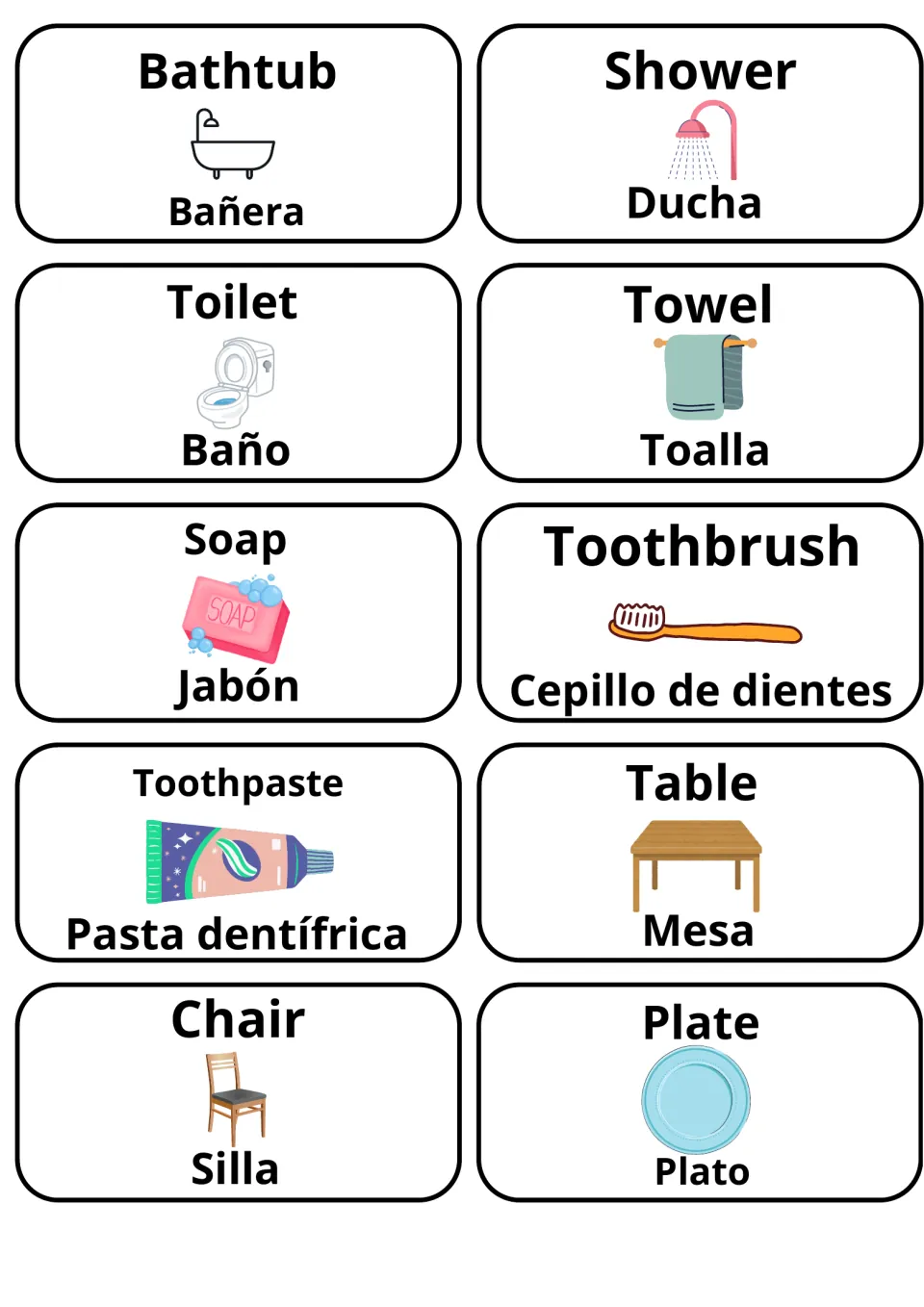 English-Spanish home flashcards 41–50: Bañera (bathtub), Jabón (soap), Plato (plate) and seven more.