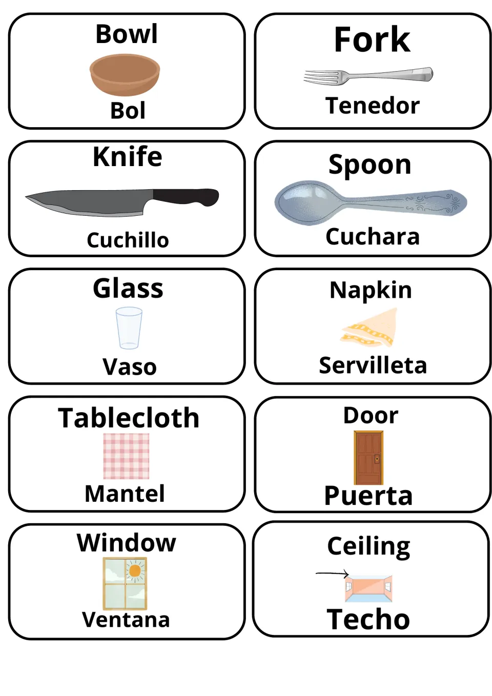 English-Spanish home flashcards 51–60: Tenedor (fork), Puerta (door), Ventana (window) and seven more.