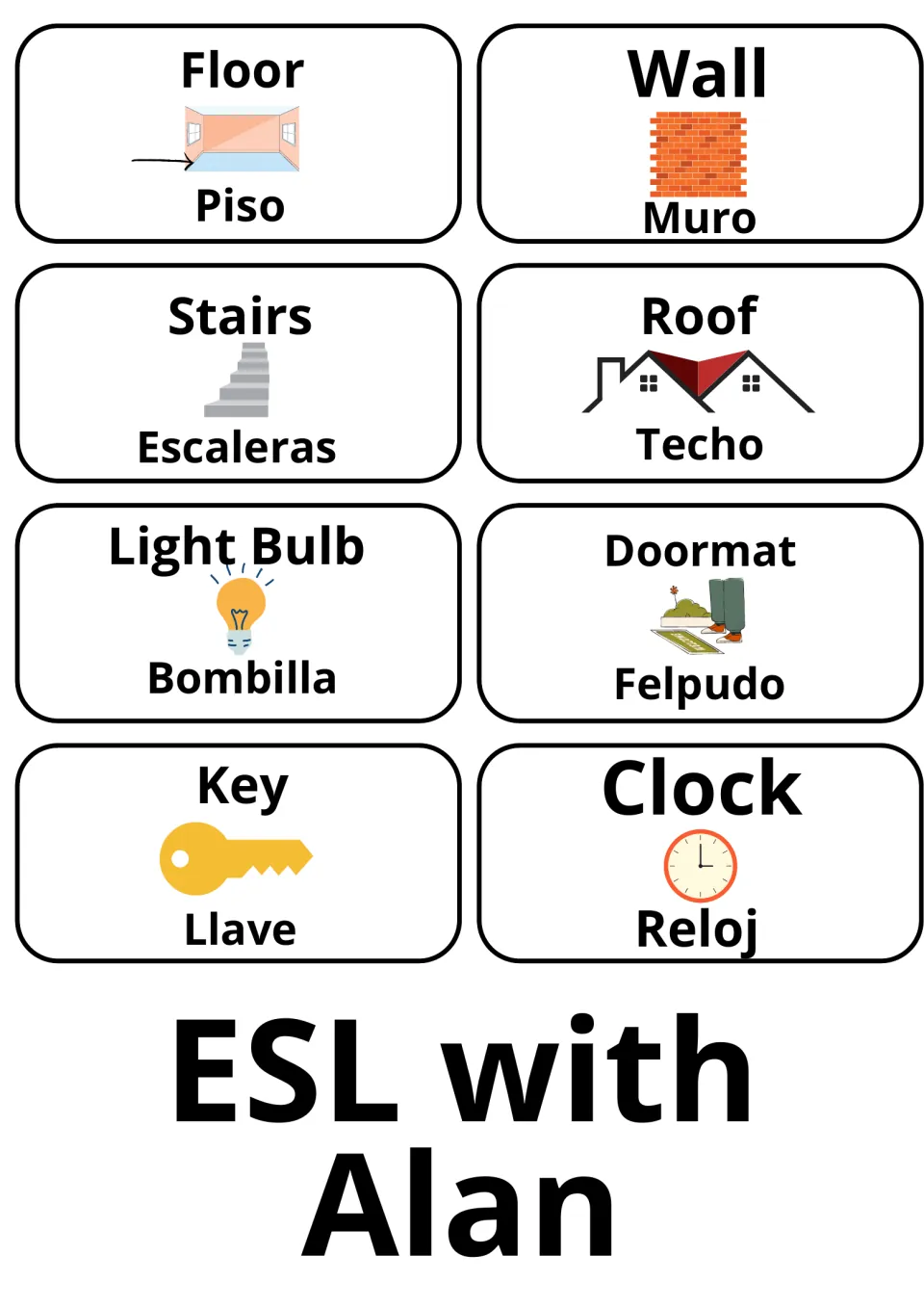 English-Spanish home flashcards 61–68: Piso (floor), Escaleras (stairs), Llave (key) and five more.