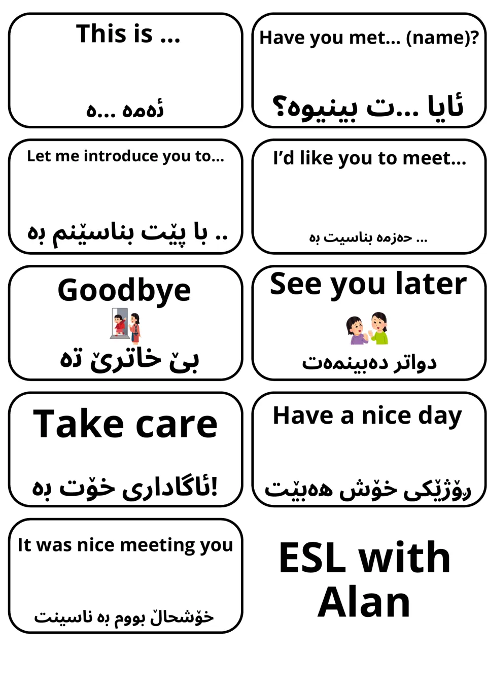 Introducing others and farewells in English and Sorani Kurdish: This is..., Let me introduce you to..., Goodbye, Take care