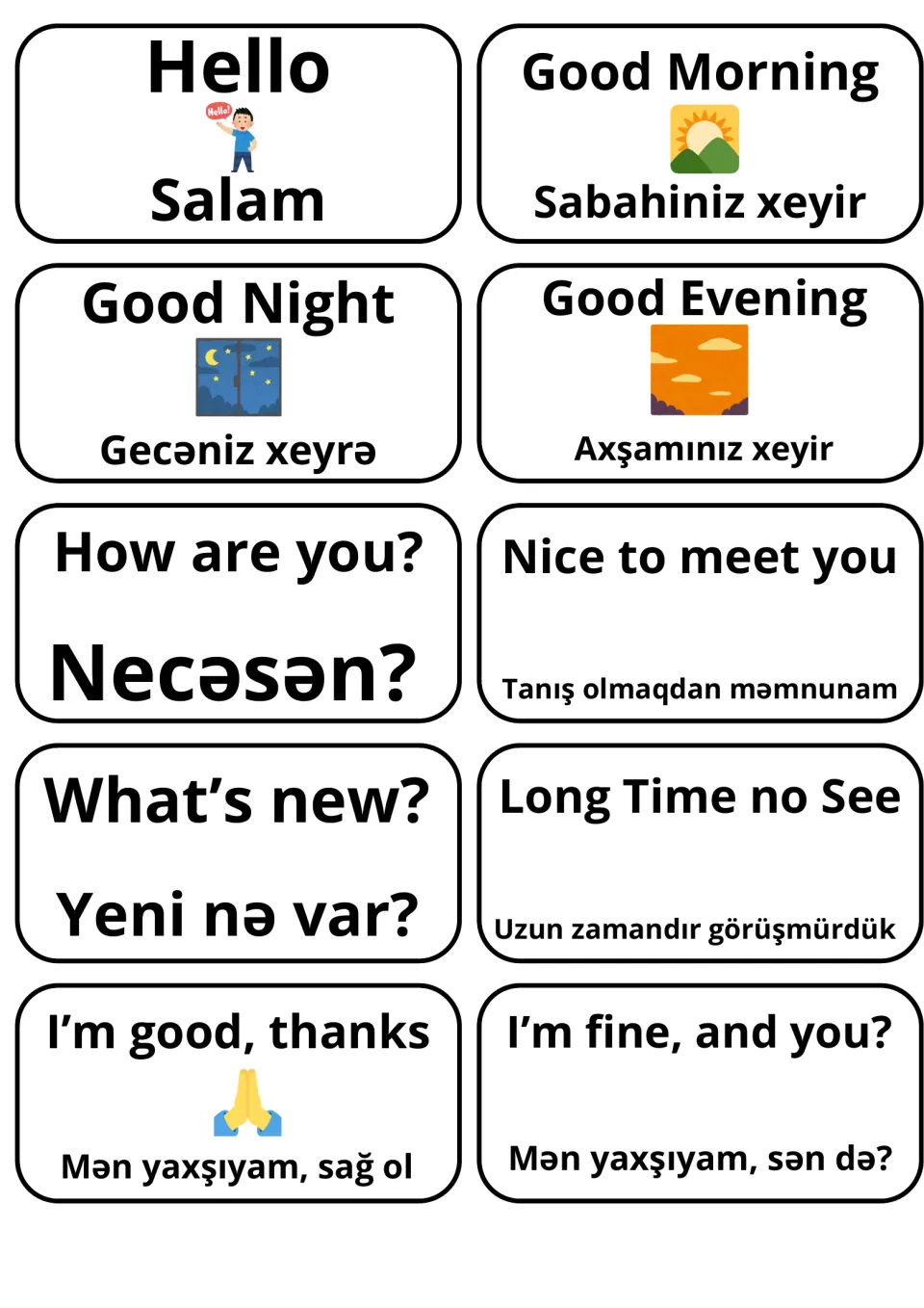English-Azerbaijani flashcards 1–10: Hello, Good Morning, Good Night, and seven more greetings and responses