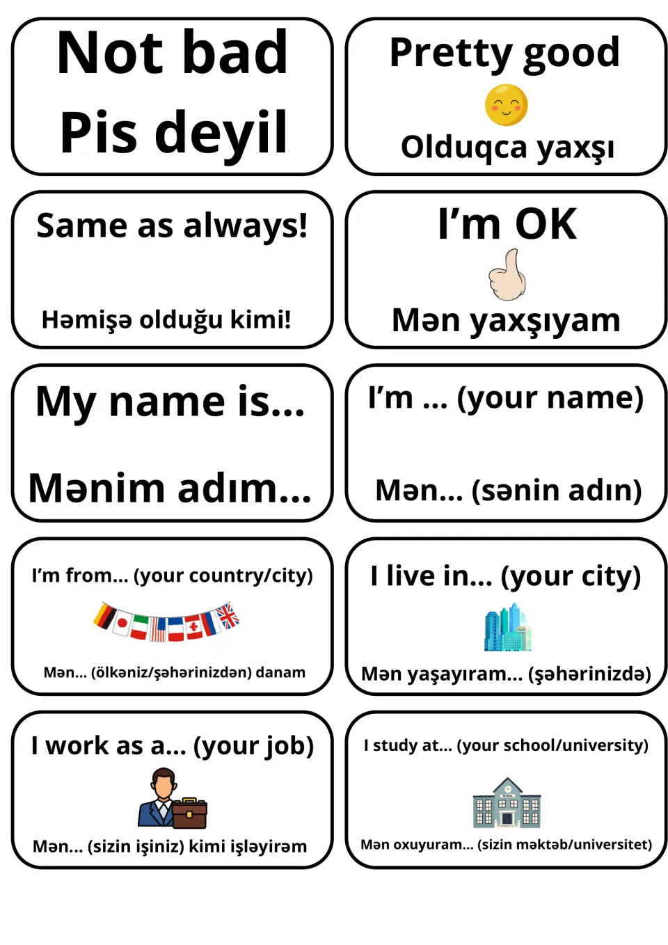 English-Azerbaijani flashcards 11–20: Not bad, Pretty good, My name is..., and seven more phrases