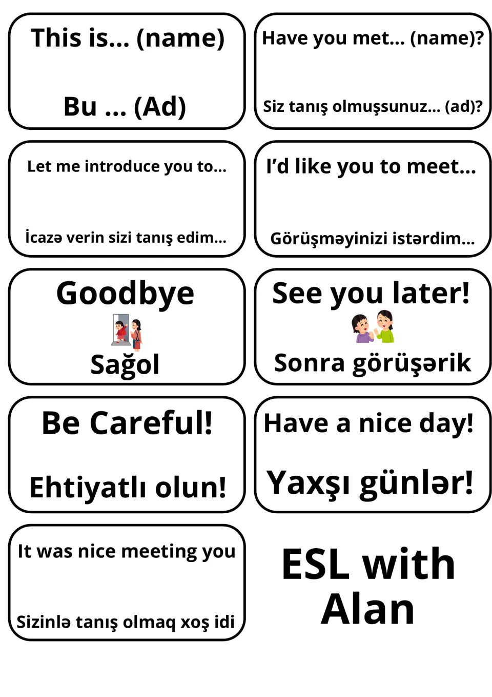 English-Azerbaijani flashcards 21–29: This is..., Goodbye, See you later!, and six more phrases