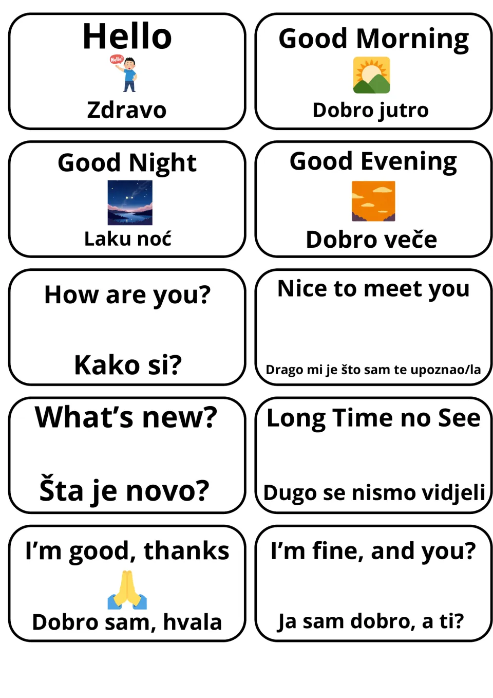Greetings in English and Bosnian: 10 flashcards such as Hello/Zdravo, Good Morning/Dobro jutro and How are you?/Kako si?