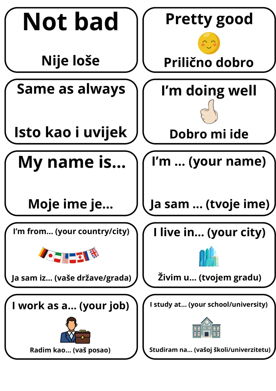 Replies and self-introductions: 10 English-Bosnian cards such as Not bad/Nije loše and My name is.../Moje ime je...