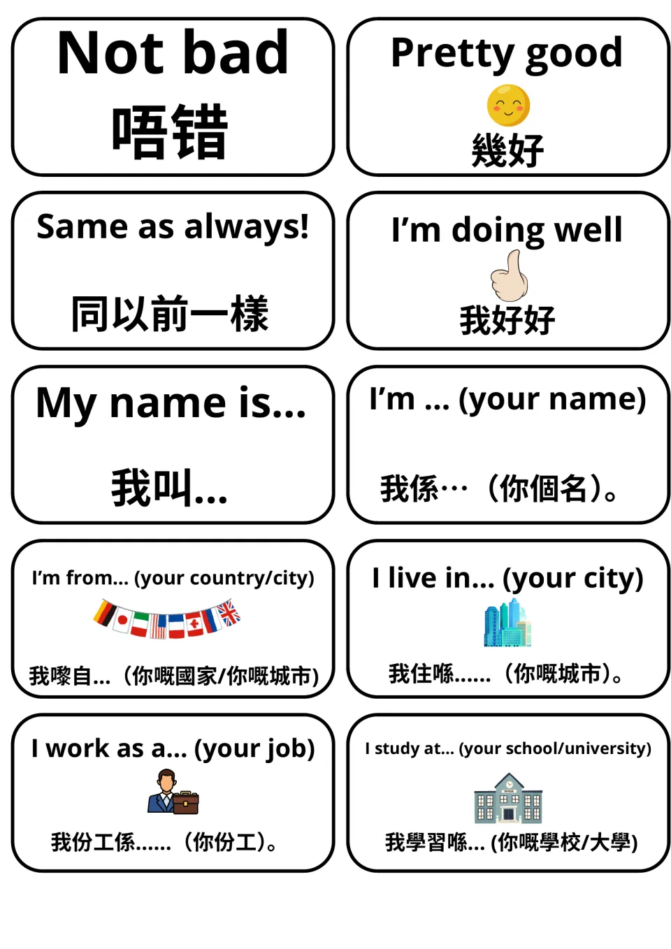 Self-introduction cards in English and Cantonese: replies like Not bad, plus My name is, I'm from, I live in and I work as