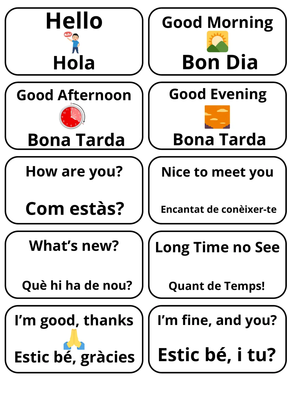 Greetings flashcards in English and Catalan: 10 cards such as Hello/Hola, Good Morning/Bon Dia and How are you?/Com estàs?