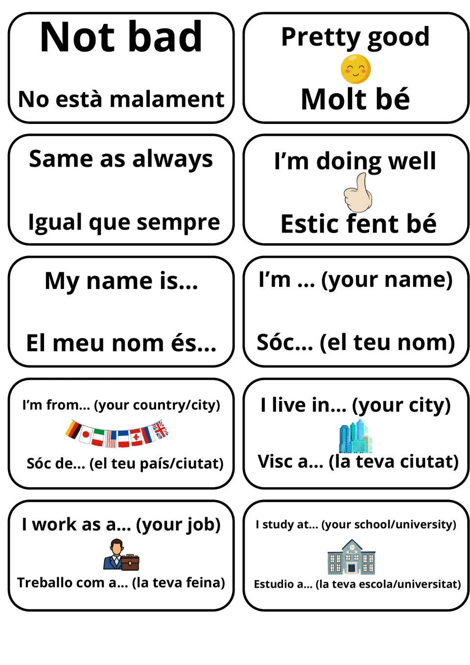 Catalan replies and self-introduction cards: Not bad, Pretty good, My name is…, I'm from…, I live in…, I work as a…